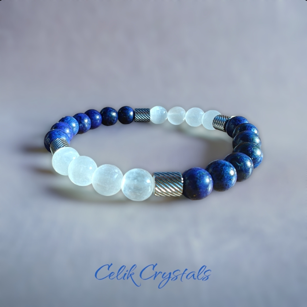 Lapis Lazuli Bracelet AAA Natural Stones 8mm With Selenite and Stainless Steel